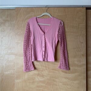 Pink Button-Up Cardigan with Crochet Sleeves 🩷